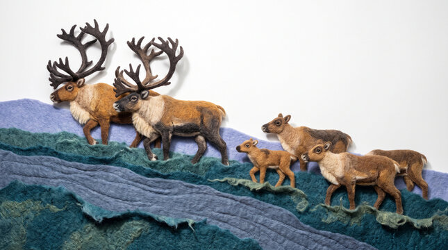 Caribou herd traversing a colorful landscape with textured hills  