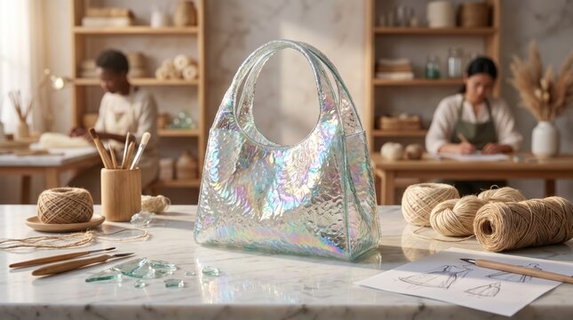 Iridescent holographic tote bag on marble table in creative craft studio workshop