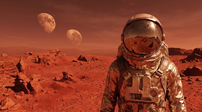Astronaut exploring Mars surface with two moons in red sky