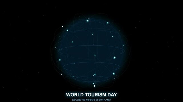 Digital tourism day globe animation with glowing network connections and data nodes