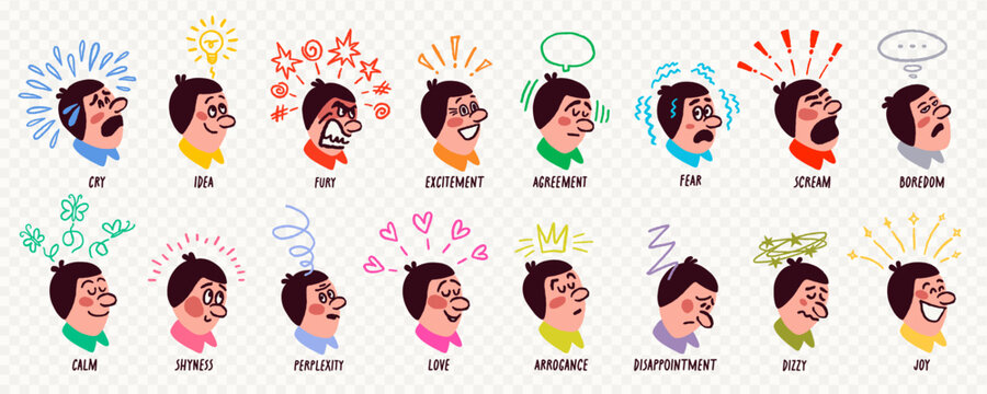 Face expression character set in crayon doodle comic style with colorful heads with different moods and emotions. Playful characters with clear emotional states on PNG style background.