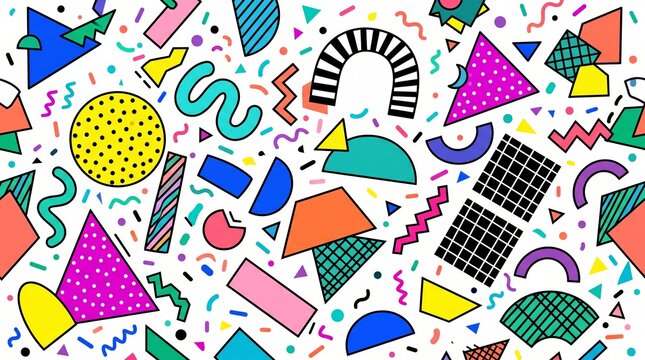 Retro 90s Memphis pattern background, colorful geometric shapes on white, vibrant 80s abstract pop art style, trendy seamless repeat texture
