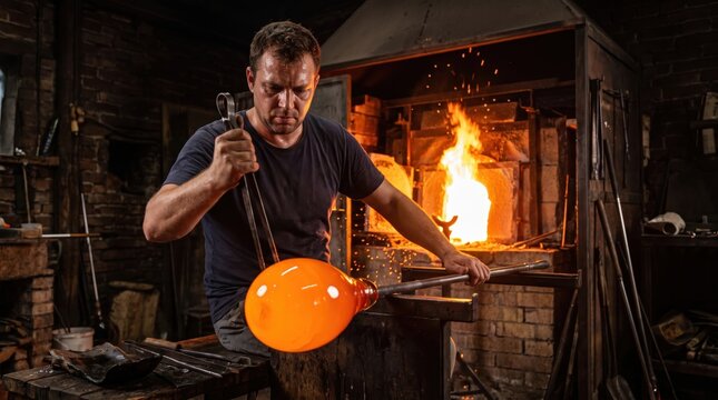 Skilled glassblower shaping glowing molten glass in traditional workshop furnace