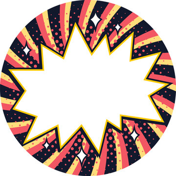 Circle comic sticker with starburst jagged text box and halftone dots on navy, pink and yellow radial rays. Comic sticker with spark accents. Ideal for promo labels, sale posters.