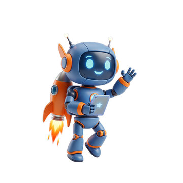 AI robot flying with rocket jetpack for business growth