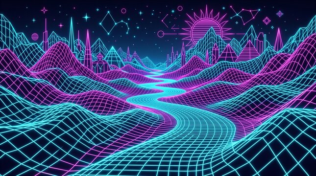 Retro synthwave wireframe landscape, neon purple and cyan digital grid mountains, futuristic 80s aesthetic virtual reality background