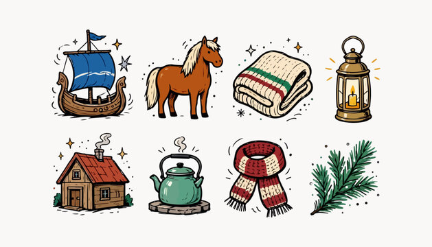 Sweden Culture and Scandinavian Heritage Hand Drawn Doodle Icon Collection with Swedish Flag, Dala Horse, Traditional Cottage, Lantern, Knitted Scarf, Teapot and Winter Branch
