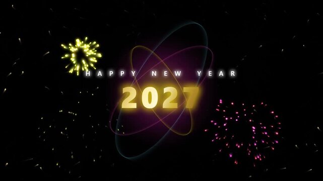 Happy new year 2027 celebration background, with golden glowing, text and colorful fireworks