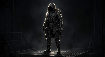 Fototapeta premium Hooded tactical soldier standing on dark wooden platform under dramatic spotlight in industrial setting