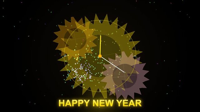 Happy new year countdown clock animation with rotating gears and festive confetti particles
