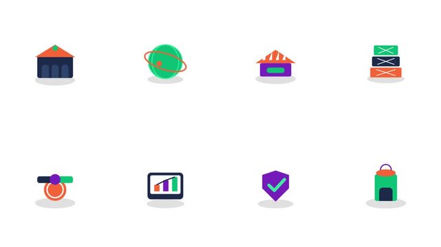 Minimalist business icon set: animated finance, logistics, and global commerce symbols