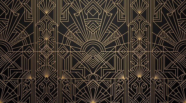 Art Deco geometric pattern in gold and black, elegant vintage 1920s Gatsby style background, luxury seamless texture for invitations