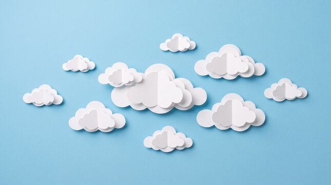 Minimalist paper cut clouds on blue background, creative 3D papercraft sky scene, decorative white cloud shapes for web design