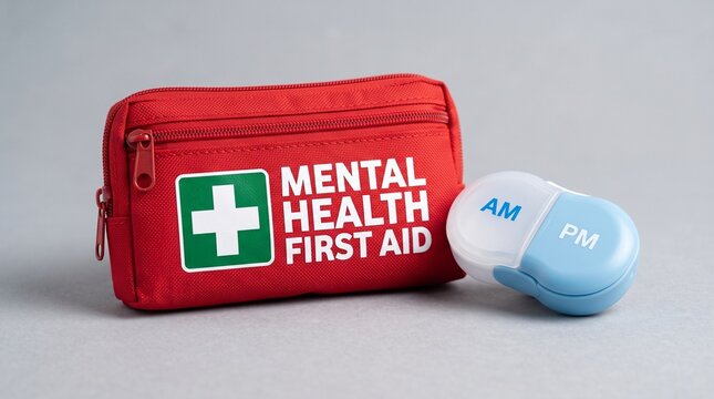 Red zippered mental health first aid pouch with pill case on soft grey background in studio product scene