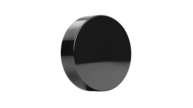 Glossy black circular 3D disc cylinder button with reflective surface isolated on transparent background for digital design and branding mockup