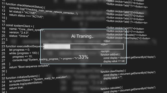 AI training machine learning model optimization progress bar animation loop with percentage loading box on dark code background asset
