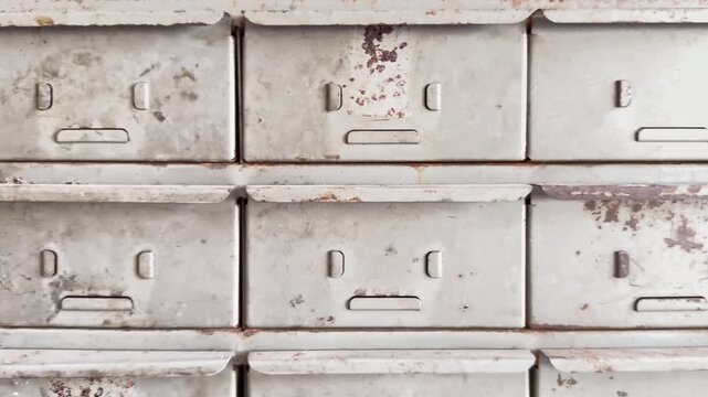 Rows of metal drawers show weathered, rusty faces