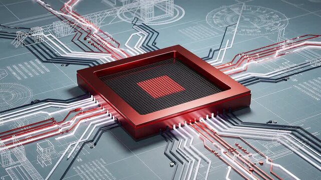 Advanced processor chip animation video with red microchip and glowing circuit pathways, semiconductor technology, digital computing system, electronic hardware, futuristic motherboard concept