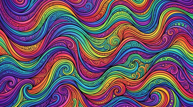 Psychedelic rainbow wave pattern, vibrant swirling colorful lines, abstract trippy background for creative design projects