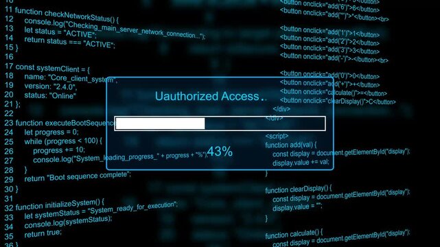 Unauthorized access system breach alert progress bar animation loop with percentage status box on dark code background asset