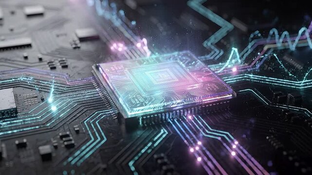 Advanced ai processor animation with glowing neon circuitry, intelligent semiconductor computing, high speed data processing and futuristic digital technology infrastructure network concept