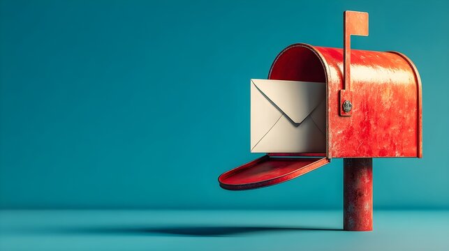 side view of red mailbox with envelope and open door on teal