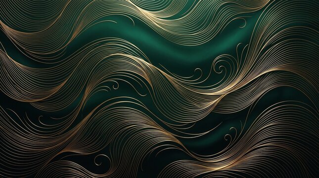 Elegant emerald green and gold abstract waves, luxurious flowing silk texture background, ornate metallic swirl pattern for premium branding