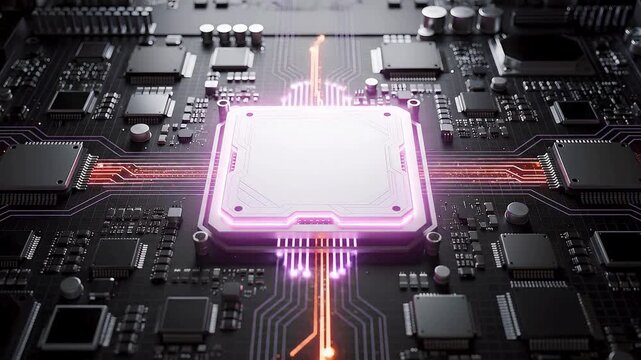 Advanced processor animation, glowing semiconductor microchip, high speed digital computing, intelligent data processing and futuristic circuit technology infrastructure concept network