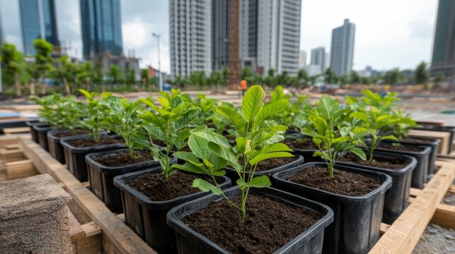 Pastel Evening From an Equitable Development Outlook: Urban Tree Nursery Beside Construction Site Sustainable Urban