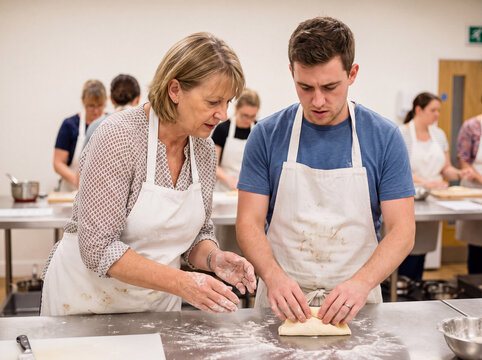 A cooking class instructor shows a student how to knead dough. Other students practice their skills in the background. The scene takes place in a bright kitchen