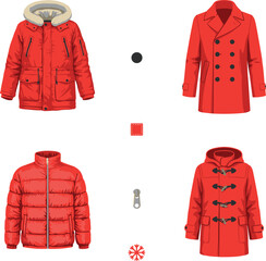 Red Winter Coats And Jackets Vector Icon Set Featuring Parka Puffer Trench And Duffle Outerwear Apparel For Fashion Store Banner Designs © Roni