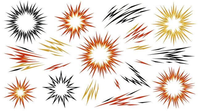 Set of comic book style explosion and speed line effects isolated on transparent background