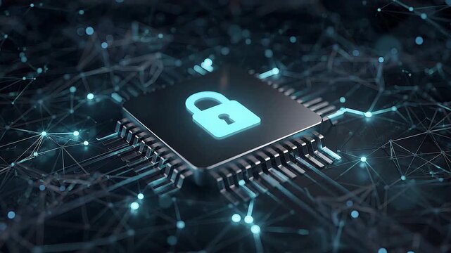 Cybersecurity microchip animation with digital padlock, encrypted network protection, secure data processing, privacy defense and futuristic semiconductor technology background video