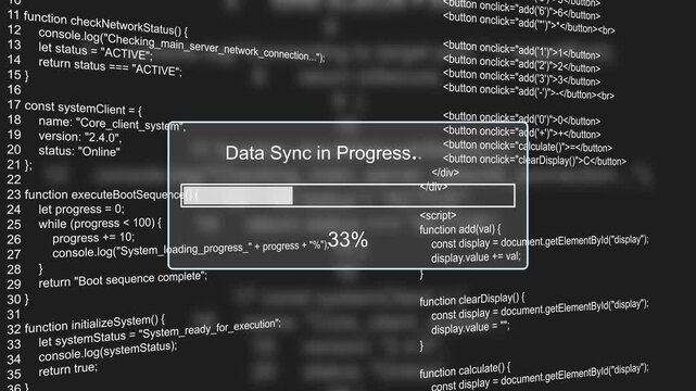 Data sync in progress cloud backup status bar animation loop with percentage loading box on dark code background visual asset