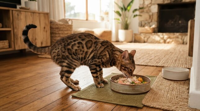 Bengal Cat Enjoying Meal: A beautifully patterned Bengal cat is focused on its food bowl, enjoying a nutritious meal in a cozy, sunlit room.