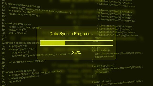 Data sync in progress cloud backup status bar animation loop with percentage loading box on dark code background visual asset
