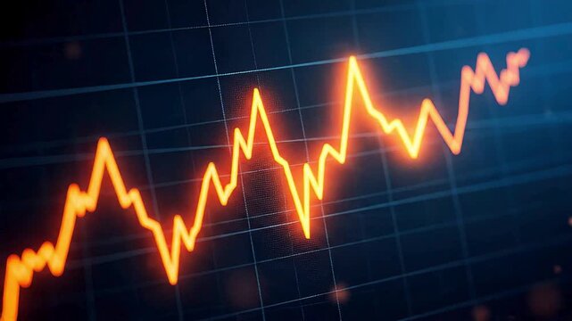 Volatile stock market trading animation with glowing orange price chart, financial trend analysis, investment risk, market fluctuation and digital fintech business background video