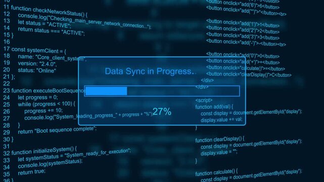 Data sync in progress cloud backup status bar animation loop with percentage loading box on dark code background visual asset