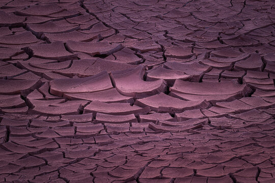 Abstract background of cracked earth and dry soil. Conceptual image for global warming, drought, and environmental issues with purple lighting.