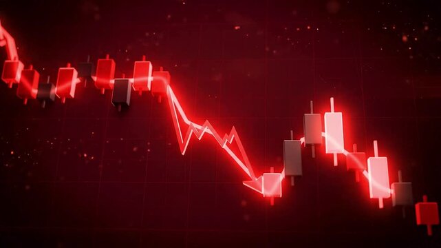 Bearish stock market trading animation with falling red candlestick chart, financial decline, price volatility, investment risk and digital fintech market analysis background video