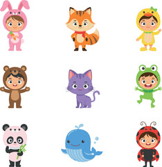 Fototapeta premium Vector Cute Kids in Animal Costumes Icon Set Featuring Bunny Fox Duck Bear Cat Frog Panda Whale and Ladybug Outfits for Halloween and Kindergarten Designs