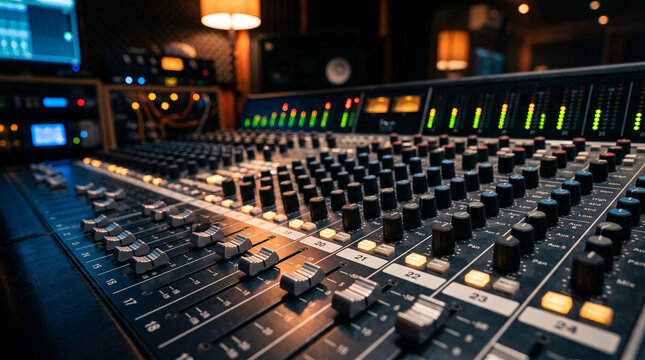 Close-up low angle view of a professional audio mixing console with rows of faders and knobs illuminated by ambient light in a dark modern recording studio, 
