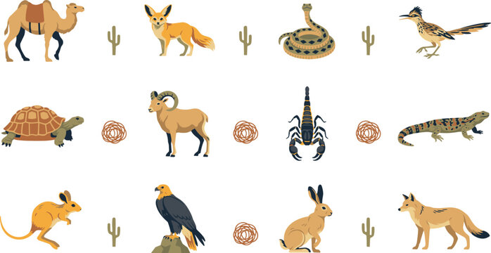 Vector Desert Wildlife Animal Icon Set Featuring Camel Fennec Fox Rattlesnake Roadrunner Tortoise Bighorn Sheep Scorpion Lizard Kangaroo Rat Eagle Jackrabbit and Coyote