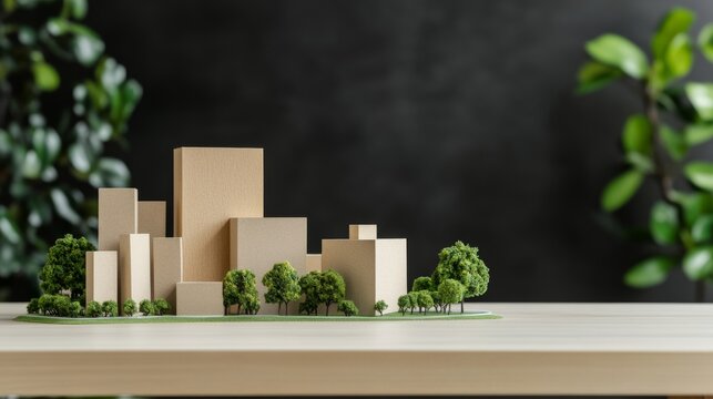 Summer Glow Under an Expansive Urban Tree Canopy: Urban Planning Table With Eco City Model And Green Materials &acirc;&euro;&ldquo; Skyline Study 3