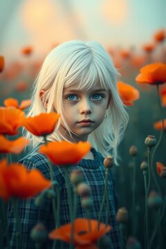 Portrait of a little girl with platinum blonde hair in an orange poppy field
