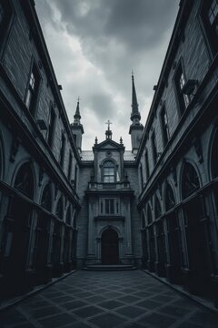 Dark gothic architecture of an ancient building with spires under a stormy sky