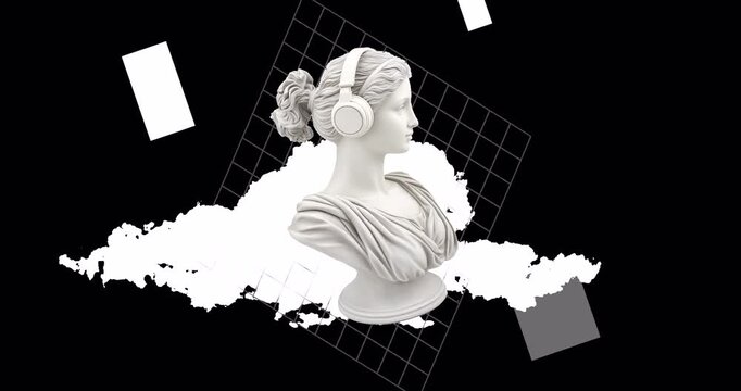 Alpha channel transparency modern motion design collage with a classical greek bust wearing headphones. Abstract animation combining art, music, and culture