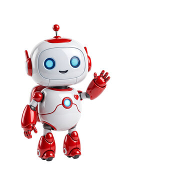 Friendly red white AI robot waving hello