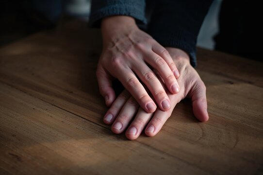 Two anonymous hands resting together on wooden table conveying quiet emotional connection through touch