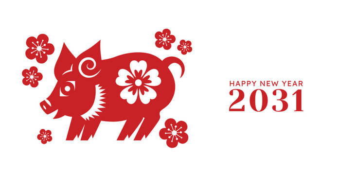 Year of the Pig paper cutting style design. Red zodiac pig with floral pattern.